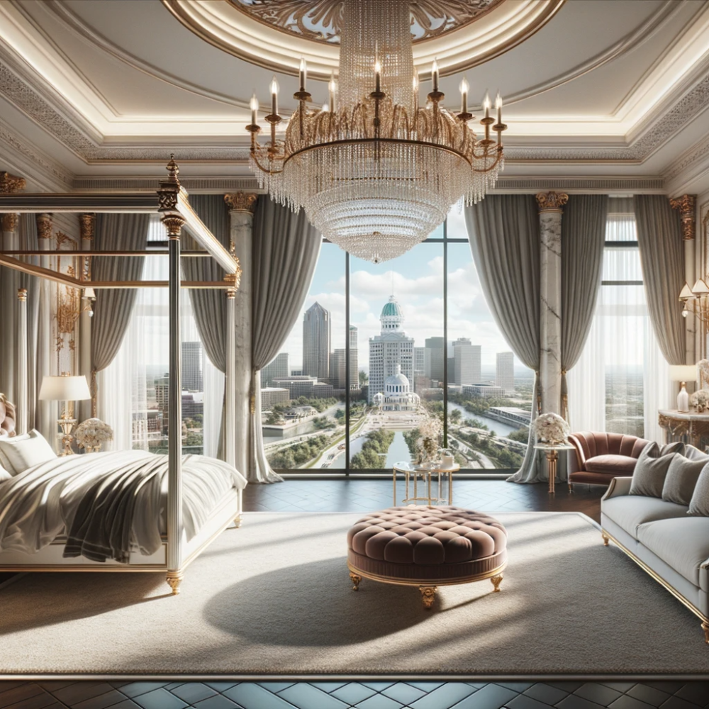 DALL·E 2023-10-19 15.05.31 - Render of an opulent bedroom with a four-poster bed draped in luxurious linens, a plush seating area, and a magnificent chandelier. The backdrop revea